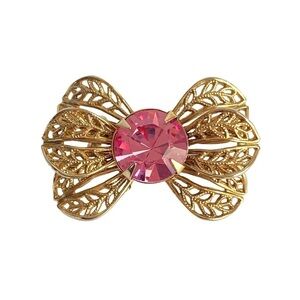 Vintage Pink Rhinestone Bow Brooch Champagne Gold Tone Ribbon Pin Retro 60s